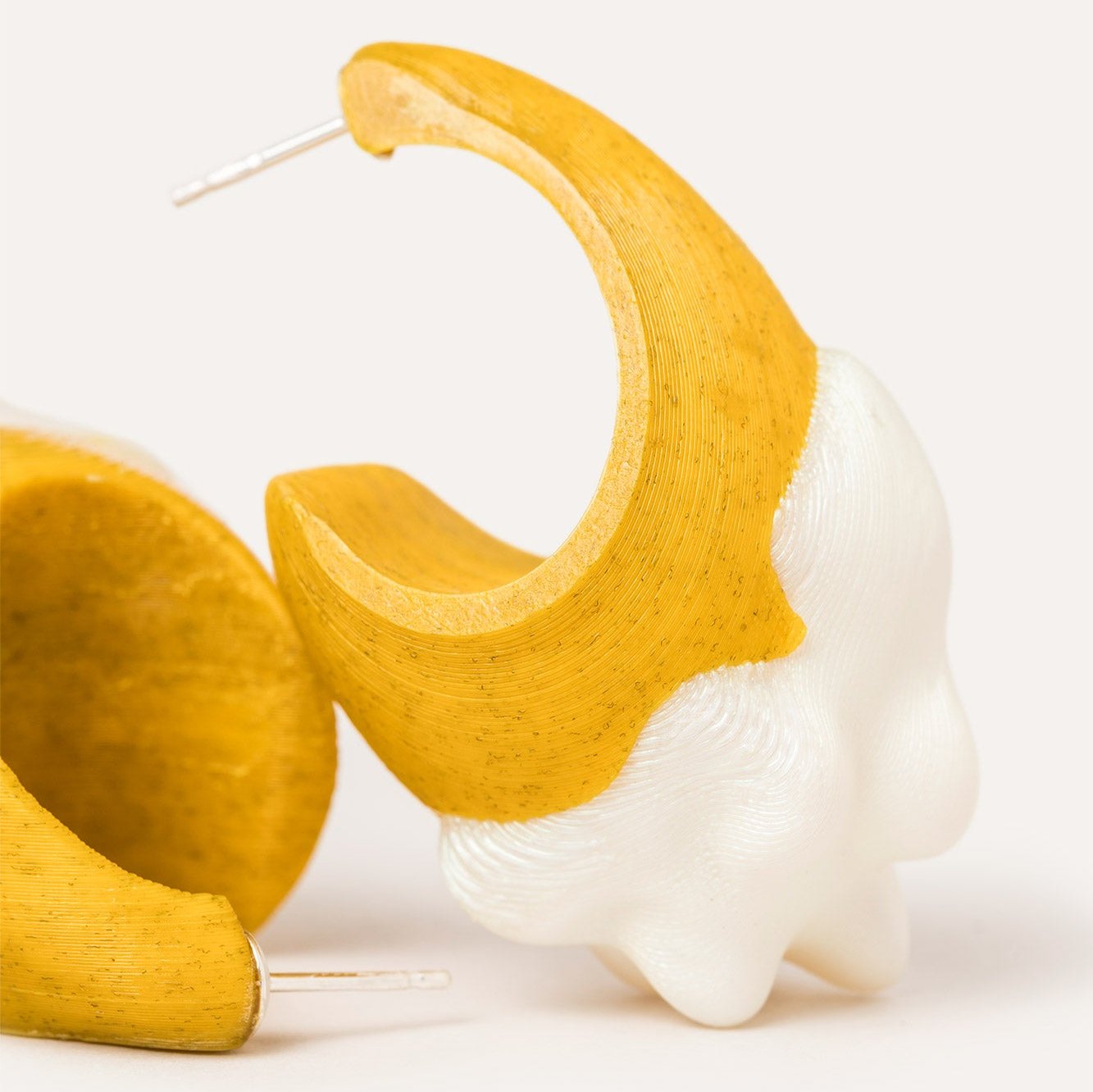 Yellow White Organic Large Vegan Earrings 3D Detail